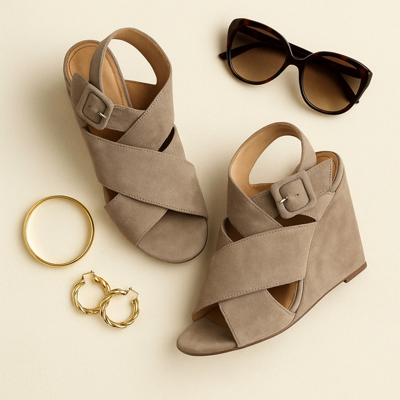 Diane von Furstenberg Taupe Suede Wedge Strappy Sandals with Buckle Sz 6.5 - Picture 1 of 12